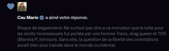 Petite fierté du réveil, une grande Dame défendant bec et ongles nos droits Trans au nom de <a href="/Cau_Marie_/">Cau Marie</a>, quitte a s'en attirer les foudres.

On ne le dit que trop rarement, alors Merci Mme Cau pour votre lutte cherchant a rappeler notre humanité aux yeux de tous.