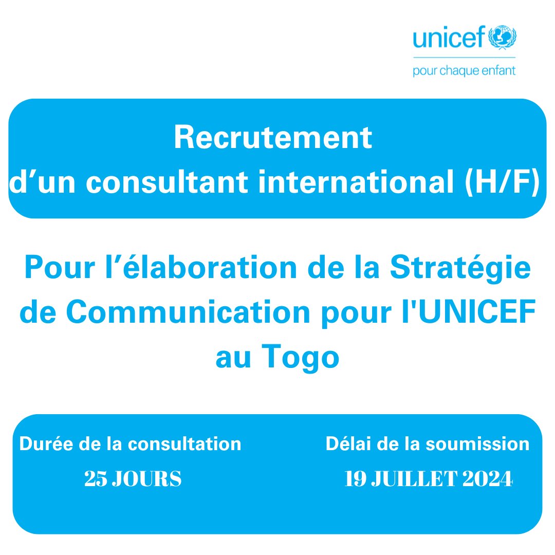 L’UNICEF au Togo recrute un(e) consultant(e) international(e) pour l'élaboration de la stratégie de communication pour l'UNICEF au Togo.

Pour plus d’informations : jobs.unicef.org/en-us/job/5735…

Clôture : 19 juillet 2024 à 23h55mn GMT

#JobsAlert #PourChaqueEnfant #UNICEFTogo