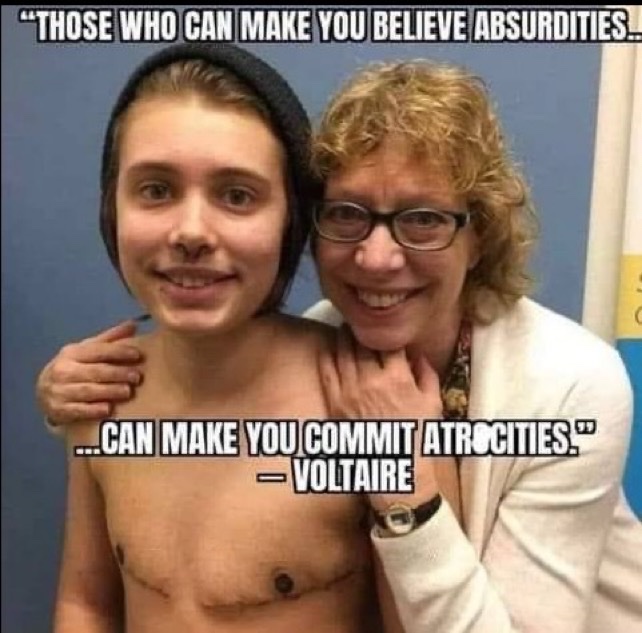 bourne_beth2345's tweet photo. Here in Davis, CA we have girls as young as 13 years old having their healthy breasts amputated by Kaiser Permanente surgeons because they were taught in 
@djusd schools that some kids have a 'boy brain' with a 'girl body' which means you are 'transgender.' 

@GavinNewsom wants to make sure teachers and school counselors can keep these confused girls' new names, pronouns, and opposite 'gender identity' secret from their parents - the people who know and love their child more than anyone in the world. What an evil man.

@Moms4Liberty 
@WomenAreReals 
@ErinFriday75490 
@InformedMama209