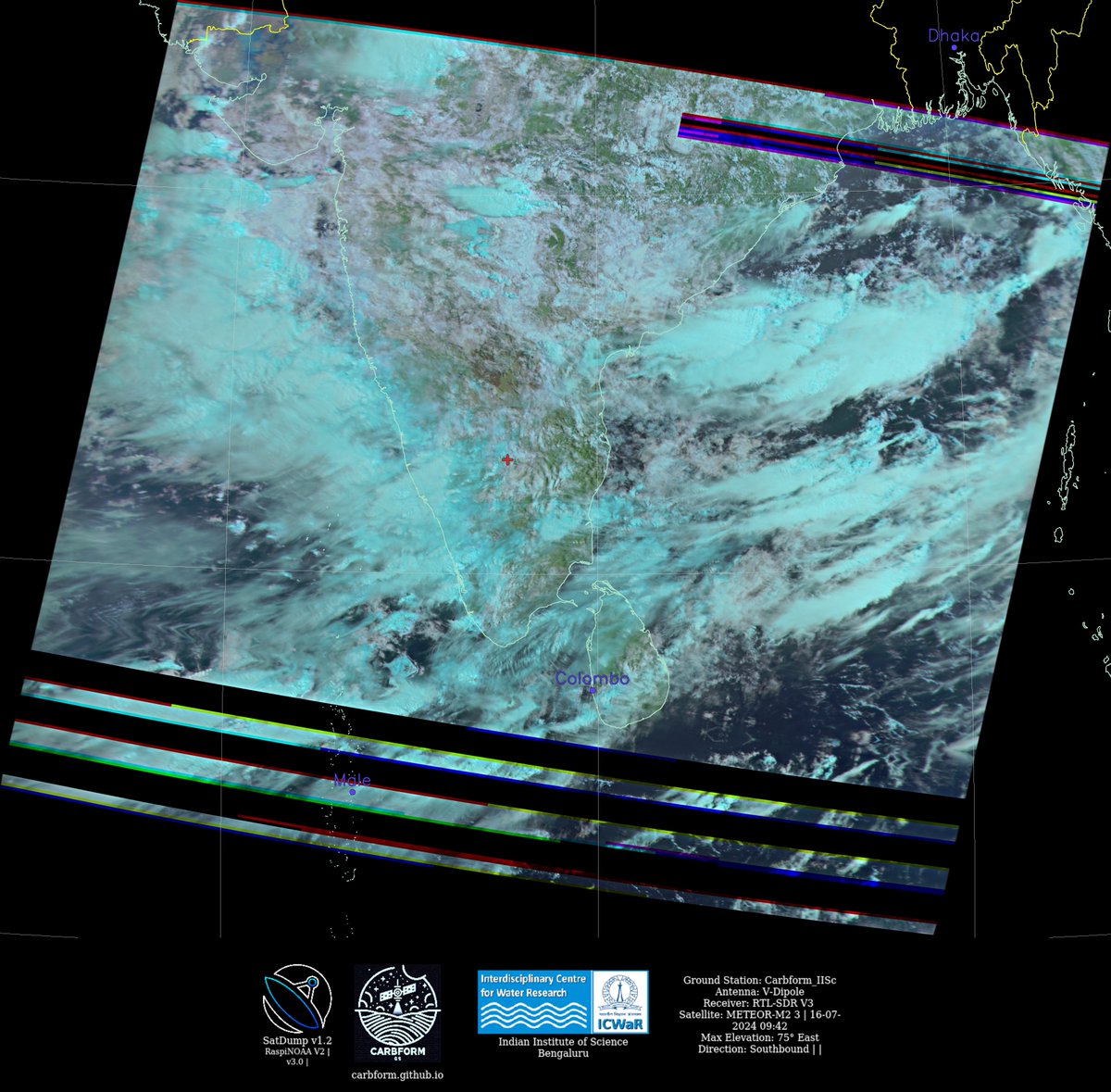 csarat's tweet photo. #MeteorM2_3 #LRPT 16 July 2024,  321 composite using #SatDump. Active summer monsoon phase; convection over the Bay of Bengal and Arabian Sea #Weather #monsoon #satellite #India #METEOR #NOAA18 #NOAA19 #NOAA15; QTH: #IISc #Bengaluru https://t.co/jpht9Ssdkw