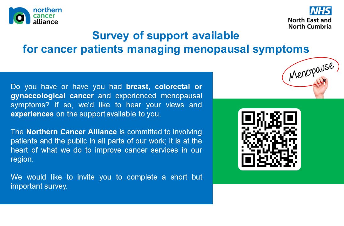 Do you have or have you had breast, colorectal or gynaecological cancer and experienced menopausal symptoms? We would like to hear from you. To take part in the survey, scan the QR code⬇️, visit bit.ly/3VByEn4 or request a paper copy from your health care professional.