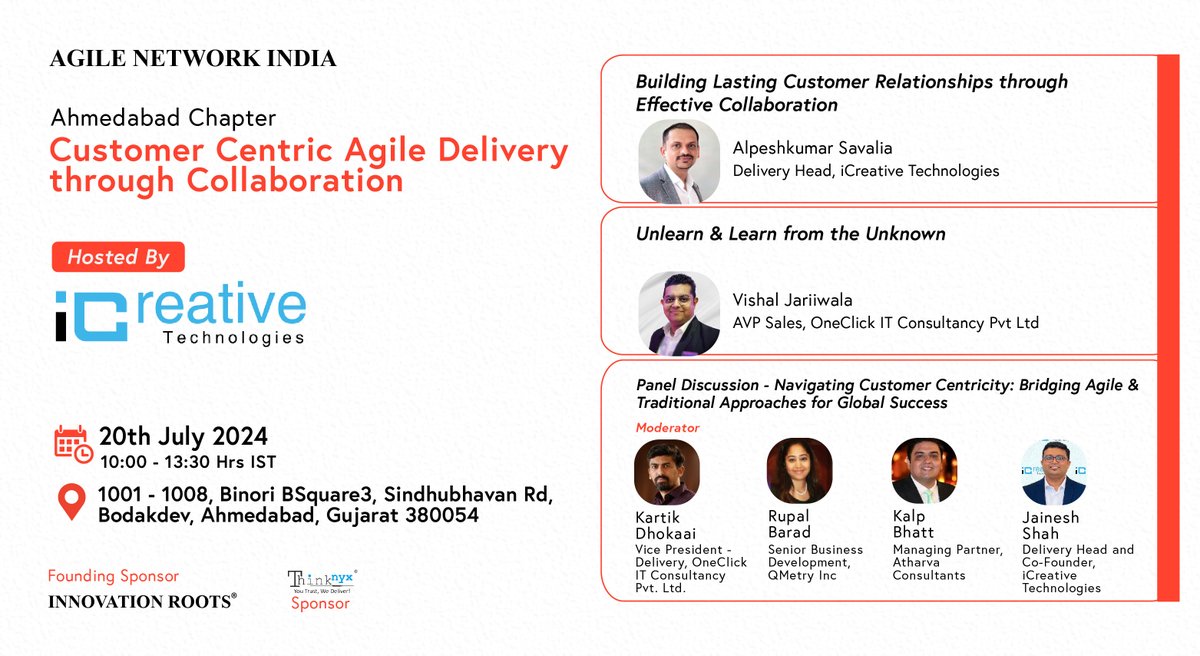 AgileNetwork_in's tweet image. Agile Network India #AhmedabadChapter | #JulyEvent

Agenda Live!

Date: 20th July, 2024 (Saturday)
Time: 10:00am to 1:30pm
Hosted By: iCreative Technologies, #Ahmedabad

Join us: agilecommunity.org/event-details/… (Free to Participate)