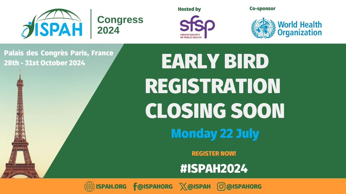 ISPAH (@ispah) on Twitter photo 📢 Attention!! #ISPAH2024
🏃♂️ Early bird registration closes on July 22nd, 2024.
👉 Register now to save on costs! 🔗 buff.ly/452WFpF
<a href="/SFSPasso/">Société Française de Santé Publique</a> <a href="/WHO/">World Health Organization (WHO)</a> 📢 Attention!! #ISPAH2024
🏃♂️ Early bird registration closes on July 22nd, 2024.
👉 Register now to save on costs! 🔗 buff.ly/452WFpF
<a href="/SFSPasso/">Société Française de Santé Publique</a> <a href="/WHO/">World Health Organization (WHO)</a>