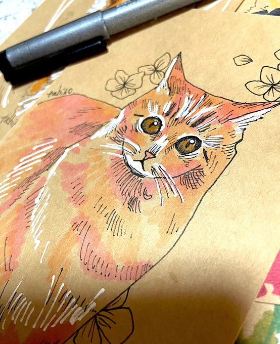 花と。 #ねこ #アナログイラスト #猫イラスト