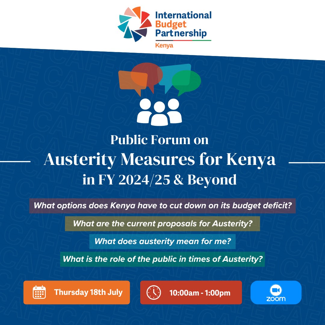 bajeti_hub's tweet photo. #PublicForumAlert 📢

What does austerity mean to Kenyan citizens? What options are there to cut down the budget deficit?

@IBPKenya will be hosting a public forum to discuss the austerity measures for Kenya in FY 2024/25 &amp; beyond.

Register here: https://t.co/moJDCUH1dc https://t.co/XHeqQMafUH