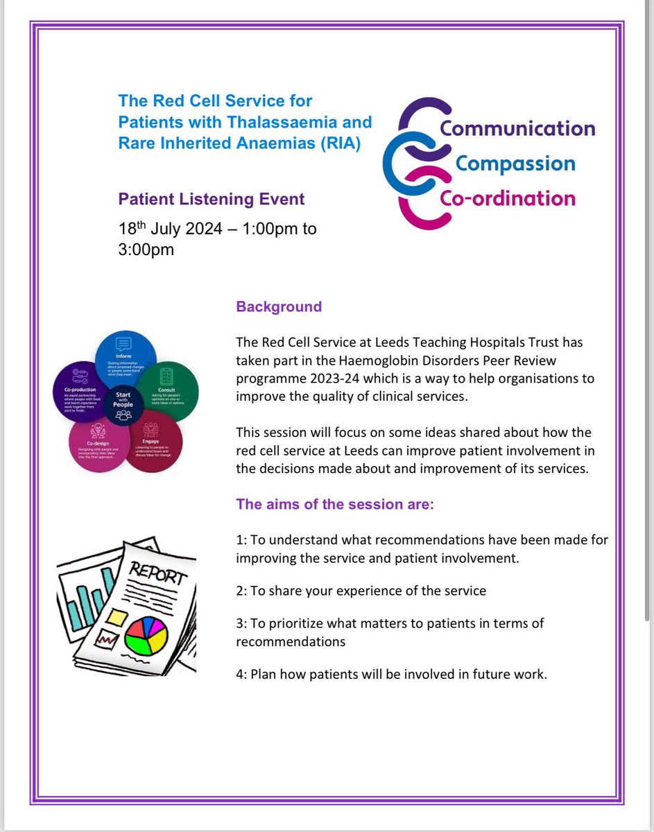 teamukts's tweet photo. #Thalassaemia and Rare Inherited Anaemia Listening Event in #Leeds!
Hello everyone, we would like to share this listening event on behalf of the adult #redcell team in Leeds.
Please follow the instructions listed on the document, if you would like to attend.
See you there! https://t.co/2yp2vMSXnT