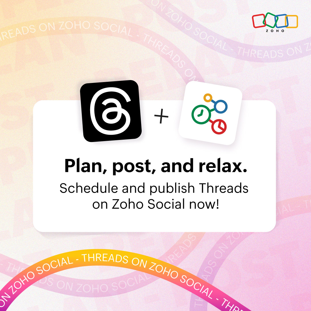 ZohoSocial's tweet photo. The wait is over 🎉
You can now schedule and publish Threads on Zoho Social. Easily plan, post, or schedule your threads and see how they’re performing with post insights.
Start threading today! 🧵🙌
#ZohoSocial #ThreadsScheduling #ChannelIntegration #NewUpdate #ProductFeature #NewIntegration #Threads #SocialMediaUpdate