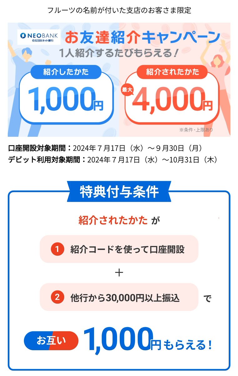 住信SBIネット銀行（フルーツ支店） 友達紹介キャンペーン新規口座開設で最大4000円 https://t.co/zrDbolPF96  ✓他行振込で1000円 ✓デビットカードで最大3000円  明日7/17～9/30まで。私で良ければ紹介できますのでご検討ください。紹介コードは後ほどリプ欄に載せておき ...