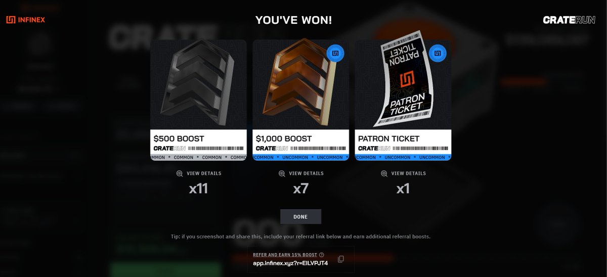 KopYeho's tweet photo. Opened some crates today. Got a @infinex_app patron nft ticket.
Join the craterun and find your treasure. https://t.co/qiLNW503bm