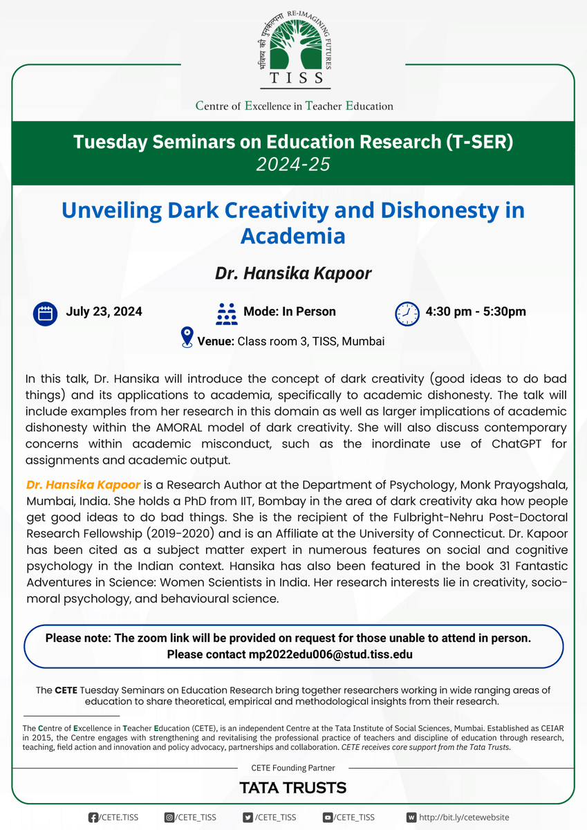 Join me as I discuss dark #creativity in the context of #academia at <a href="/TISSMumbai/">TISS Mumbai</a>!

When: July 23, 2024; 430PM - 530PM IST
Where: TISS and online
Link: zoom.us/j/94102817726?…

<a href="/CreativityPost/">The Creativity Post</a> <a href="/BIASINC_IN/">BIAS</a> <a href="/monkprayogshala/">Prayogshala</a> <a href="/bbctechcreate/">BBC Technology + Creativity</a> <a href="/AcademicChatter/">Academic Chatter™</a> <a href="/VoicesofIndAcad/">Voices of Indian Academia</a>