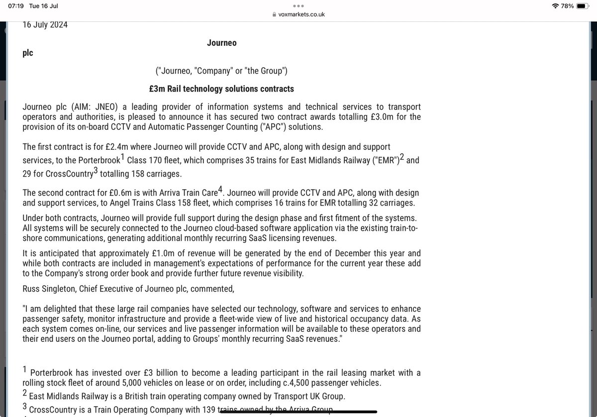 reb40's tweet image. #JNEO 2 well timed contracts arrive just as the shares weakened -9.91% yesterday to 209p 👍

One with Arriva and the other East Midlands railways worth £3m combined 

That should perk the share price back up

*ex holding, sold last at 261p &amp;amp; failed to spot the fall yesterday 🤷🏻‍♀️