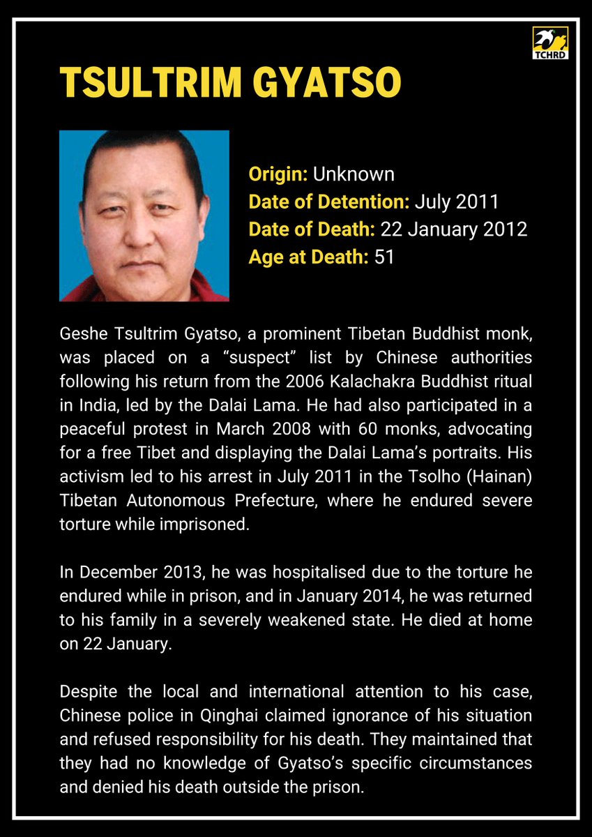 🧵 1/3 
Today, we remember Geshe Tsultrim Gyatso, a Tibetan Buddhist monk who endured severe torture while incarcerated from 2011 until 2014. He was released in a near-death condition and succumbed to his injuries shortly thereafter.  #VictimsofTorture