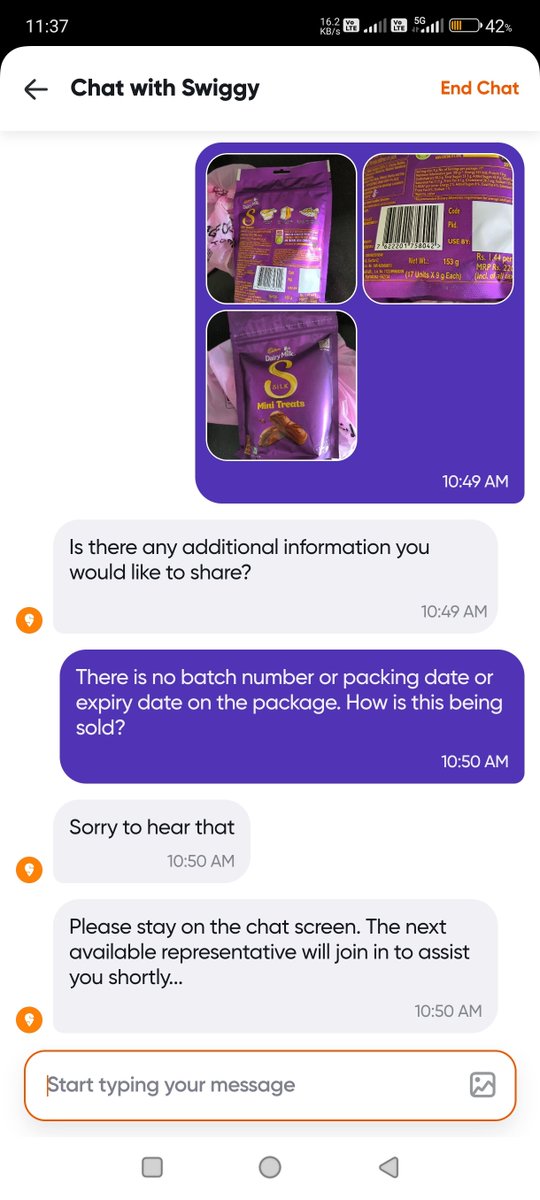 AshdeenJam's tweet photo. Furthermore, the #SwiggyCares executive says they have checked &amp; there is 'sufficient remaining shelf life'. How did they arrive at this conclusion when the packing has none of the information printed? https://t.co/rxQZDRrM7Y