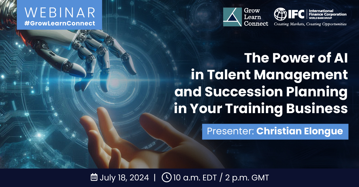 IFCAfrica's tweet photo. Join us on Thursday, July 18, at 10 a.m. EDT / 2 p.m. GMT for the free #GrowLearnConnect webinar “The Power of AI in Talent Management and Succession Planning in your Training Business”.
Learn more and register to attend
👉https://t.co/MQrdzUWQcX https://t.co/dLY3Esv4TF