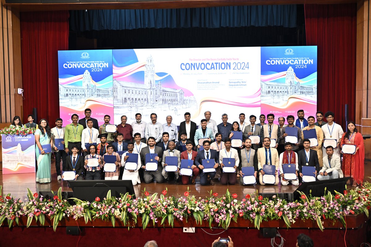 iiscbangalore's tweet photo. Congratulations to all the graduating students of 2024! 🥳
We were delighted to host chess legend @vishy64theking as the Chief Guest &amp; @kris_sg as the Guest of Honour. 
This year, 1136 degrees were awarded, and 57 students received medals for academic excellence. https://t.co/K8z9xb0SEf
