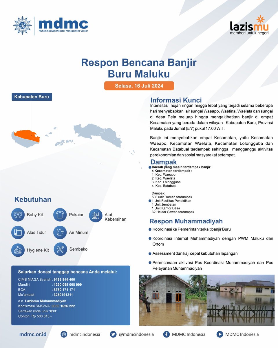 MDMCIndonesia's tweet photo. Assalamu'alaikum sobat tangguh..

Berikut update infografis bencana Banjir Buru Maluku per 16 Juli 2024. 

Dengan kaji kebutuhan sebagaimana tercantum, mari bantu saudara kita dan dukung Lembaga Resiliensi Bencana dengan berdonasi melalui @LAZISMU https://t.co/fOjiToYU0c