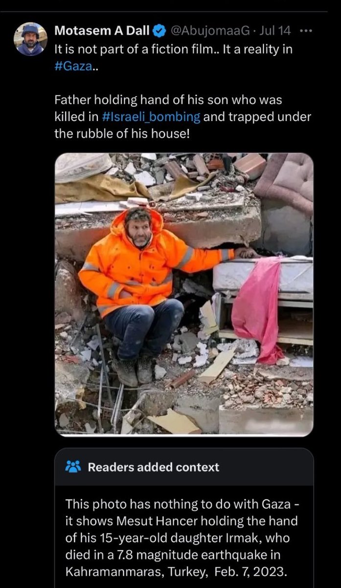 SarahFantl's tweet photo. Das ist ein „seriöser“ Journalist in Gaza. Er behauptet, dass sei „kein fiktionaler Film, sondern die Realität in Gaza“ - nur dass das Foto von den Erdbeben in der Türkei ist (wer war übrigens zuerst zur Stelle, um den Menschen vor Ort zu helfen? Genau, Israel)
Wann versteht die Welt endlich, dass absolut nichts aus Gaza seriös und ungeprüft übernommen werden sollte, weil komplett alles, Krankenhäuser, Schulen, UNRWA, Medien, Gesundheitsbehörde von einer Terrororganisation kontrolliert werden? Die Leute, Organisationen und Medien die das tun, machen sich mitschuldig beim verbreiten von judenhassender Propaganda. 

Dieser „Journalist“ @AbujomaaGaza hat knapp 82.000 Follower. Obwohl er sieht, dass diese Falschinformation aufgedeckt wurde, löscht er den Tweet nicht. Weil er weiß, dass die Leute einfach blind weiter diese Propaganda teilen, weil es egal ist, ob es wahr ist oder nicht - hauptsache man kann seinen Judenhass ausleben.

#hamasterrorist
#Israel