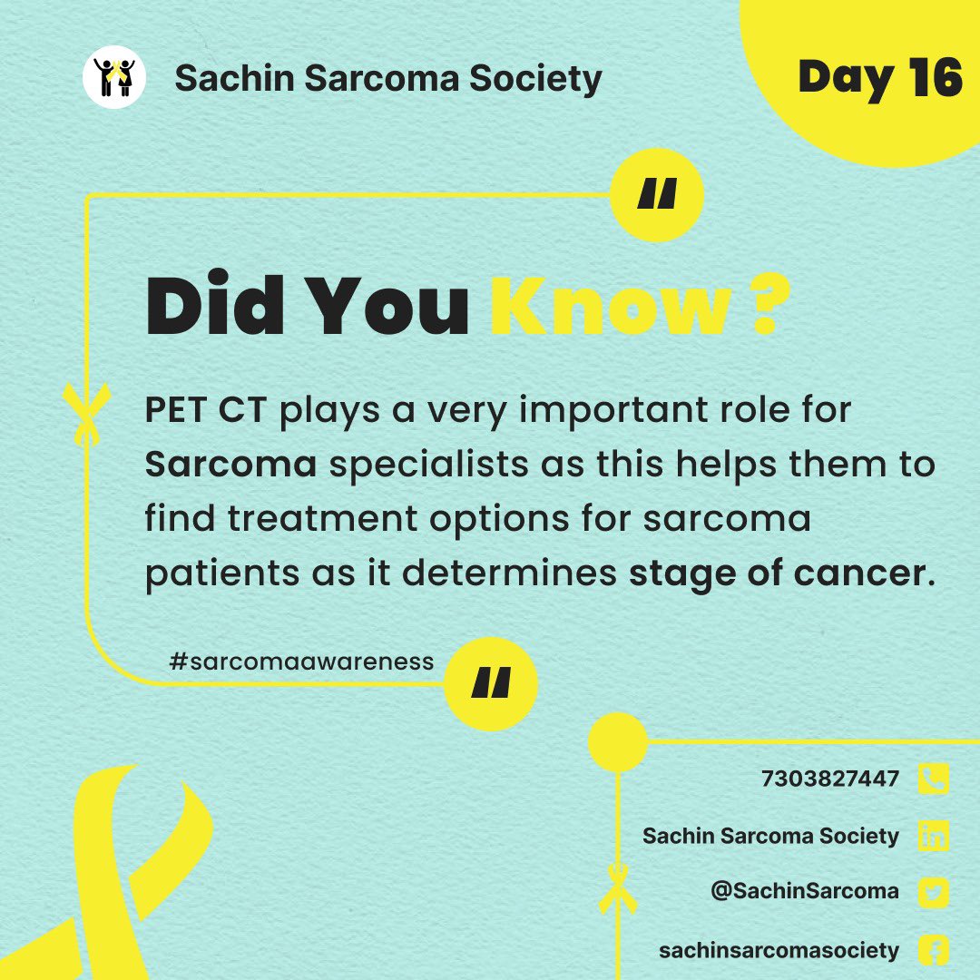 SachinSarcoma's tweet photo. Day 16 fact
PET CT plays a very important role for sarcoma specialists to identify #stage of #sarcoma patient and plan their #treatment accordingly.
Join this #patientsupportgroup for #awareness #education #companionship
#sarcomaawarenessmonth #cancer https://t.co/X4WdYXYG9U