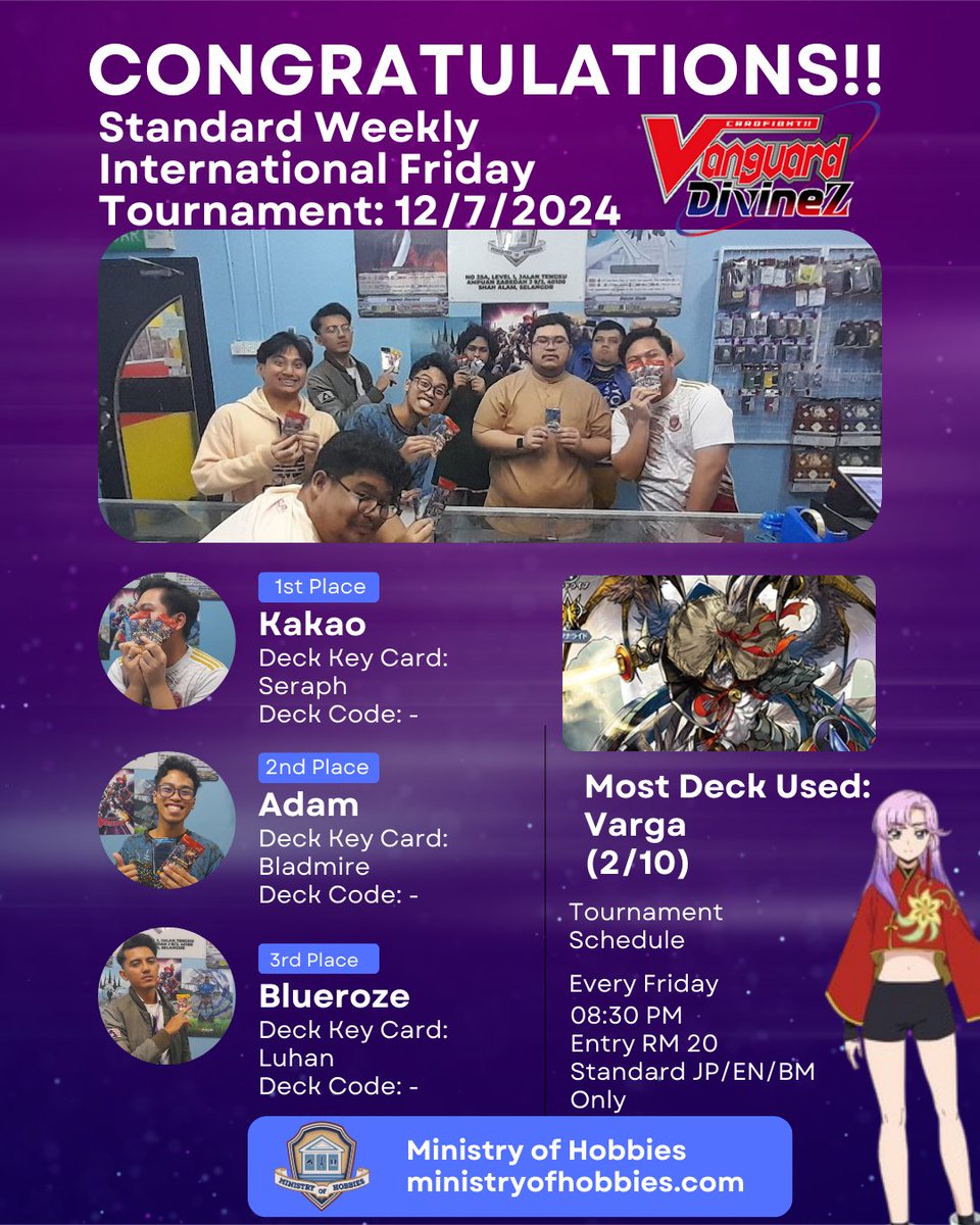 MoHobbies_MY's tweet photo. 📷 Congratulations to Previous Week's Champions! 📷
A huge shoutout to our incredible winners from last week's tournaments! 
Thank you for joining us and showing what it takes to be a Cardfight Vanguard champion.
#CFVG #cardfightvanguard #vgtopdecks #CardfightVanguardOverdress https://t.co/HwBaRJquT4