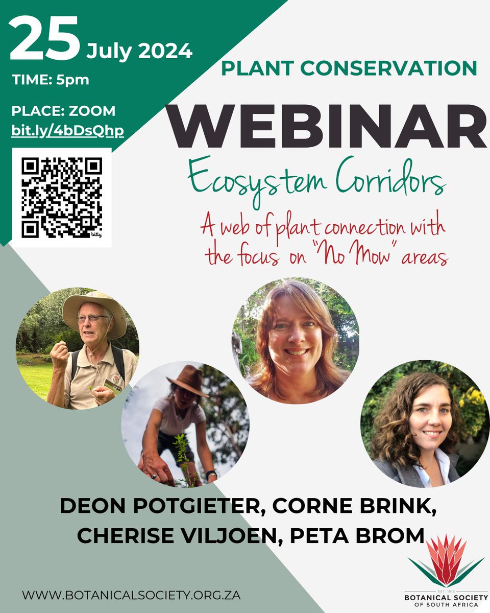 BotSocSA's tweet photo. Ecosystem Corridors: A web of plant connection with the focus on “No Mow” areas. Date: 25 July 2024, 5pm,Deon Potgieter, Corne Brink, Cherise Viljoen, Peta Brom.
Register now: ZOOM
https://t.co/gfmGqcRvk1
#nomow #webinar #botsoc #conservation https://t.co/DHDo7Ezn5X