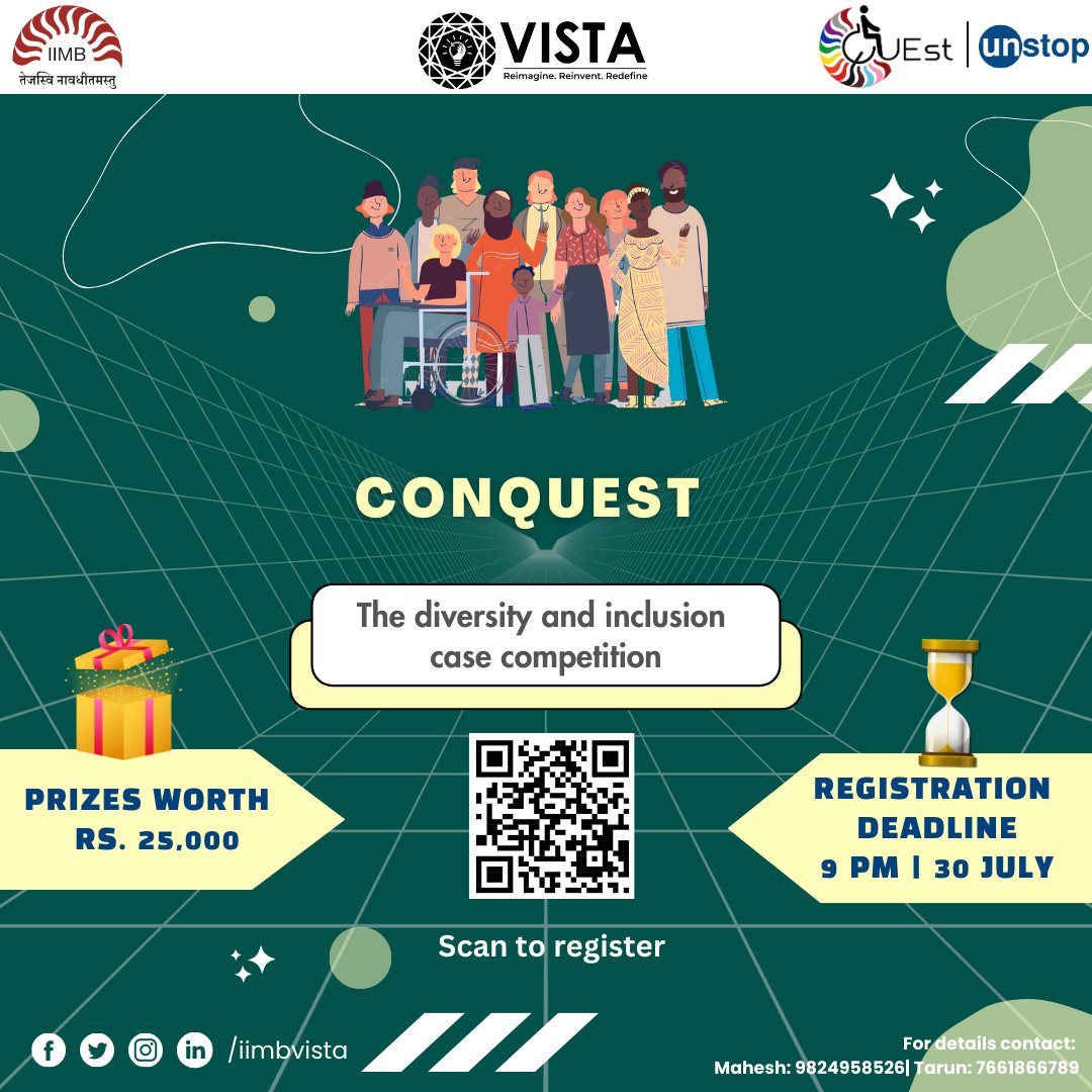 🌟 Embrace diversity and ignite change! 🌈
Set up and be part of the movement towards a more inclusive world. Analyze real-world scenarios, develop innovative strategies, and present your ideas on fostering diversity and inclusion.  #Unstop #IIMB #Vista #IIMBVista