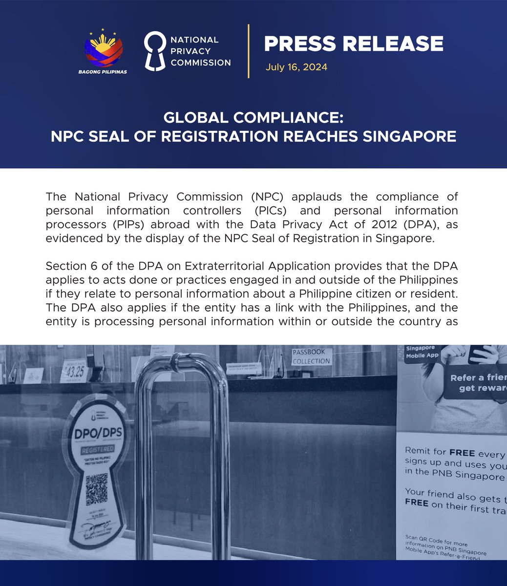 PrivacyPH's tweet photo. PRESS RELEASE

Global Compliance: NPC Seal of Registration reaches Singapore

Read more below or on our website: https://t.co/42grnbJ4cS

#PrivacyPH https://t.co/ebxh8YKW8d