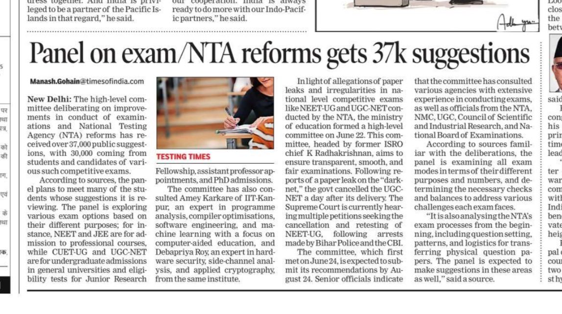 manashTOI's tweet image. #UPDATE #NTA #NEET #CUET 
The 7-member panel on exam reforms to meet students; have consulted experts on, machine learning, hardware security, applied cryptography &amp;amp; agencies with experience of conducting exams in multiple modes. A @timesofindia report 👇
toi.in/4K3cVY