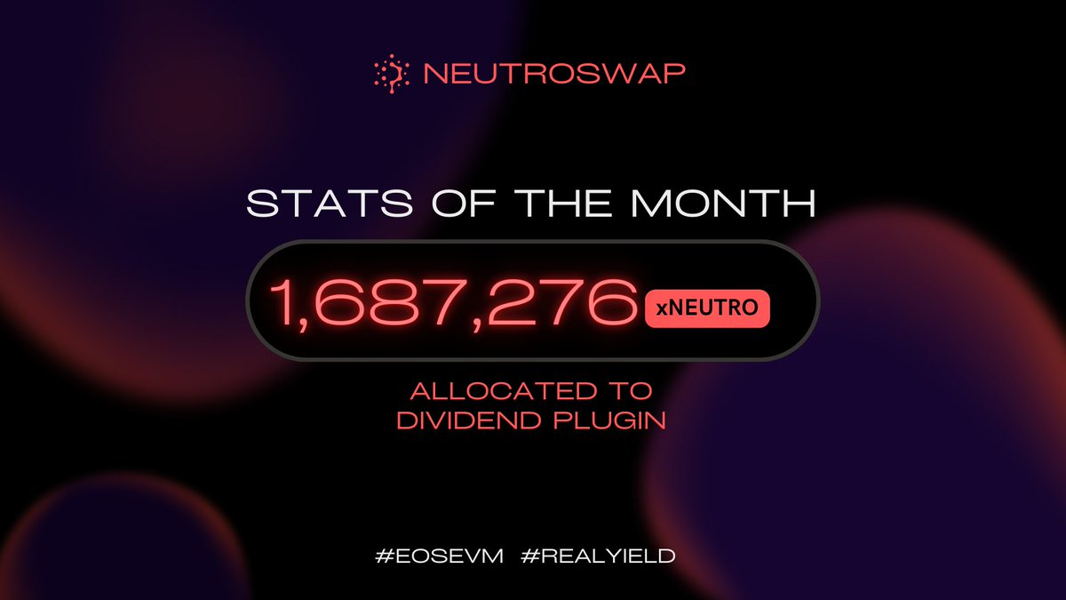 📈 NeutroStat of the Month:

1,687,276 #xNEUTRO allocated to the Dividend Plugin (⬆️4.5% from last week)

The next milestone is 1.75M.

If we hit that number, we have a surprise for all of you Dividend allocator. Get converting, NOW!  $NEUTRO $EOS #EOSEVM #NeutroswapV2