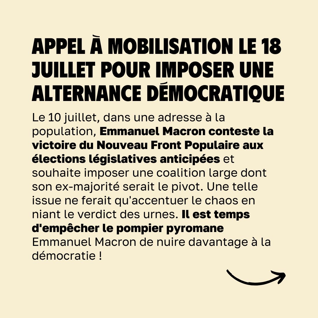unionetudiante_'s tweet photo. 🔴Le vote #NFP doit être respecté. En niant le verdict des urnes, Macron ne fait qu'accentuer le chaos. Il faut empêcher le pompier pyromane de nuire davantage à la démocratie ! Pour une alternance démocratique, RDV le 18 juillet devant l’Assemblée Nationale. #NousFaisonsPression https://t.co/Hc9DviEbS7