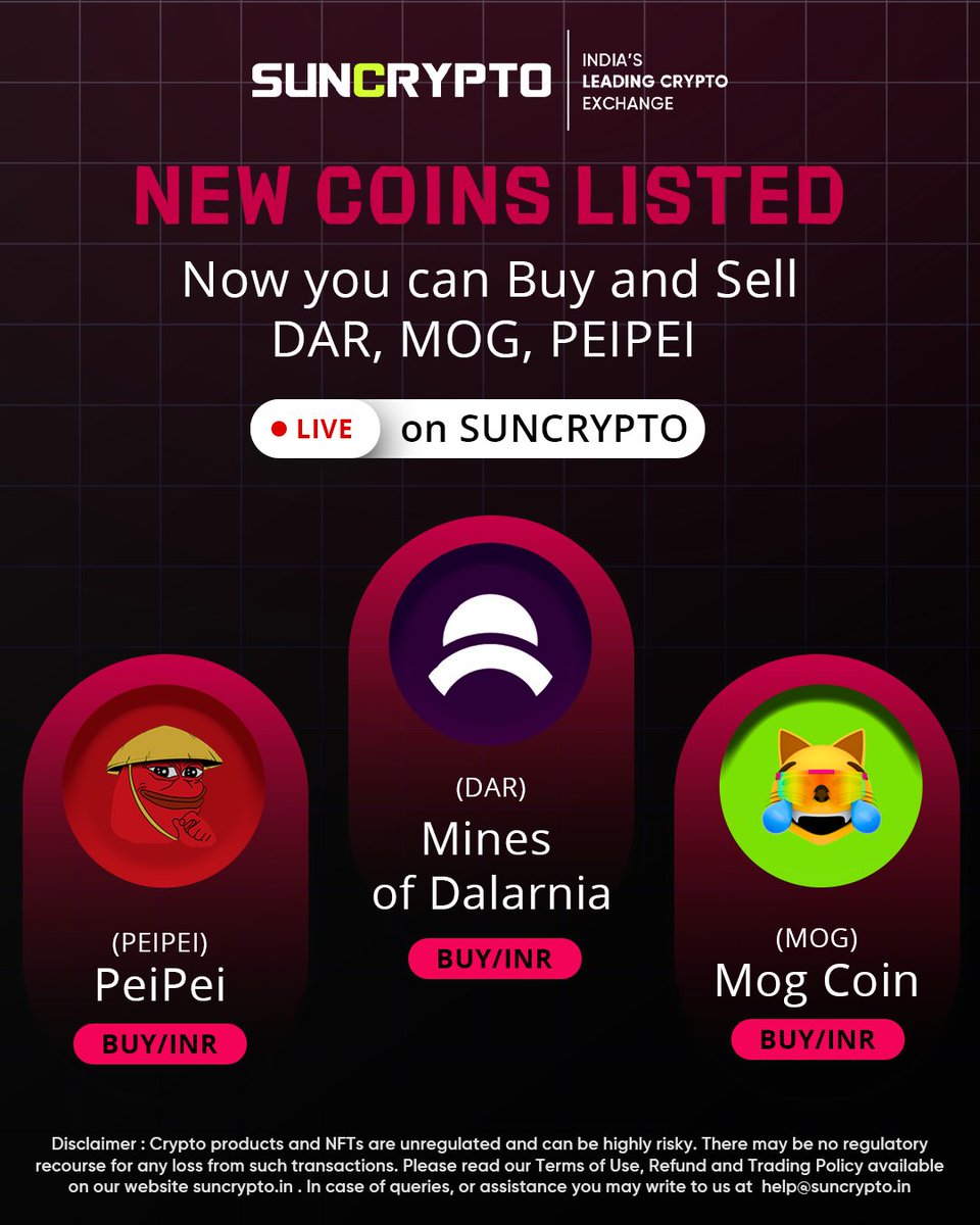 🤑Exciting news! @suncryptoin has added 3 new tokens🤑 We are excited to  share with you that we have listed PeiPei (PEIPEI), Mines of Dalarnia  (DAR), & Mog Coin (MOG) on Suncrypto and