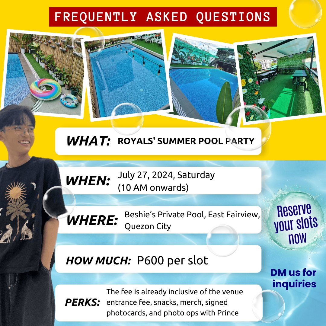 TeamRoyalsOFC's tweet photo. ROYALS' POOL PARTY FREQUENTLY ASKED QUESTIONS!
Hi Royals! Excited na si Prince @princekeinoofc makita at makipagkulitan sa inyo sa July 27!
Magpareserve na ng slot by sending us a message! Takits Royals!
Send us a message!
#PrinceKeino #Indak #ArtistCirclePH https://t.co/0A2Pq2NN1x