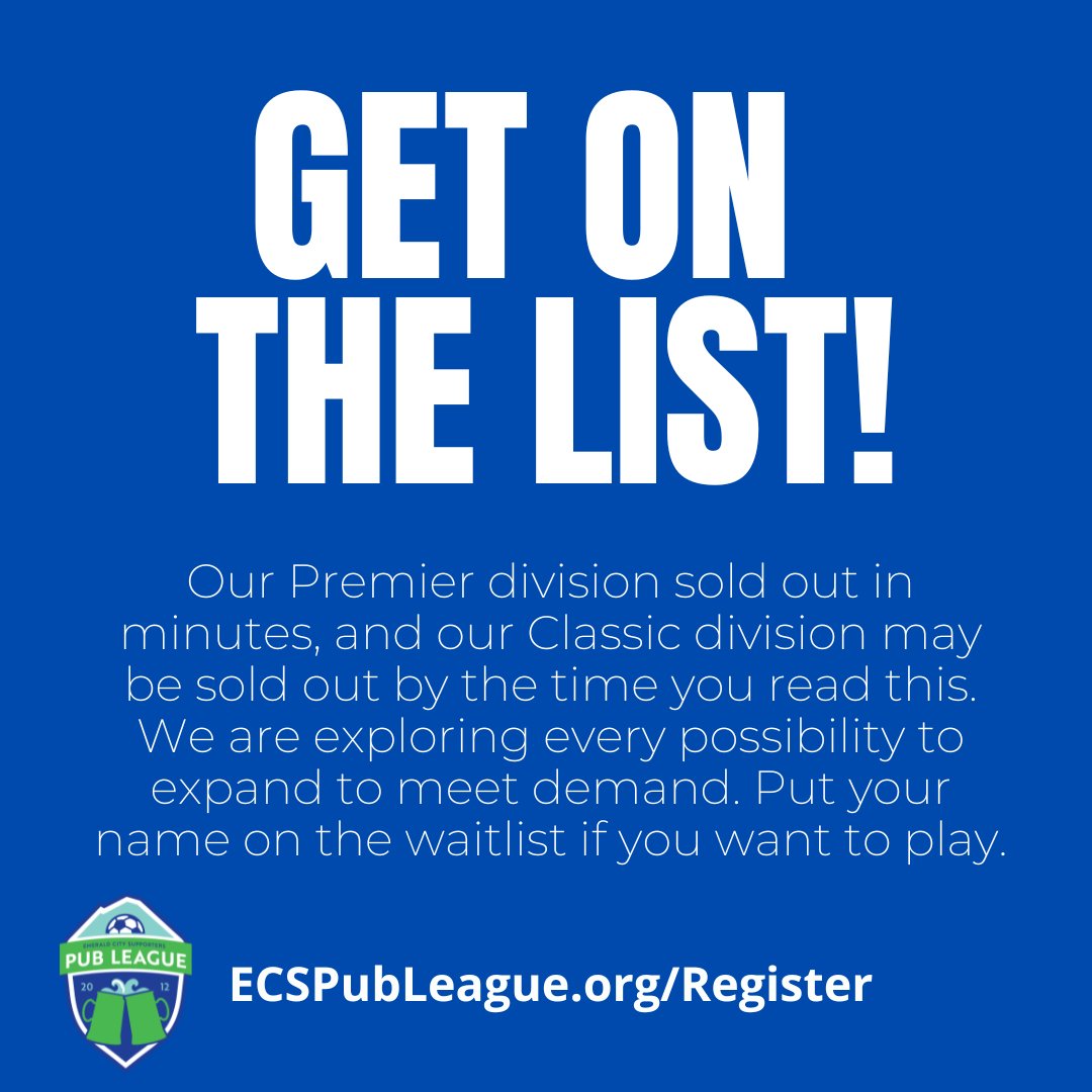 Our Premier division sold out in minutes, and our Classic division may be sold out by the time you read this. We are exploring every possibility to expand to meet the overwhelming demand. Put your name on the waitlist if you want to play.

ecspubleague.org/register.