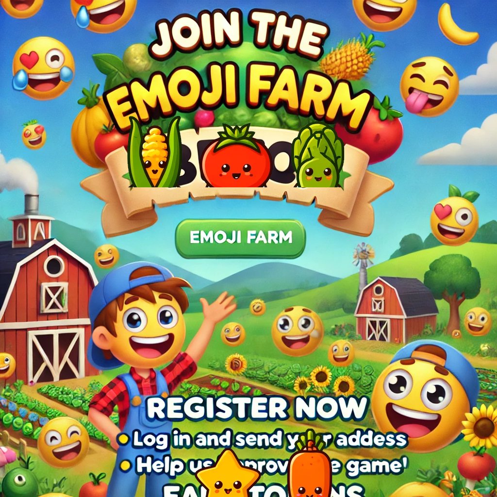 EmojiFarm_click's tweet photo. 🎮 Want to be part of Emoji Farm's development? Join our beta tester program and help us improve the game! 
How to :

https://t.co/9bjjYNk6LW
Log in and send your address
https://t.co/vCsQFGYGDE
#Airdrop #NFTGame #Web3 #BetaGame #PlayToEarn #BNB #BSC #TON #EarnTokens #Crypto #NFT https://t.co/nchZdB5nZl