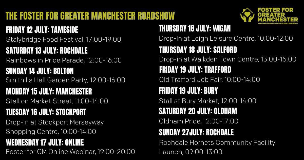 I’m so excited that the Foster for Greater Manchester Hub is now live &amp; taking enquiries. 

To celebrate this, we’ve hit the road to all 10 GM boroughs on the Foster for GM Roadshow, speaking to potential foster carers. 

Thought about fostering? Visit: fosterforgm.com