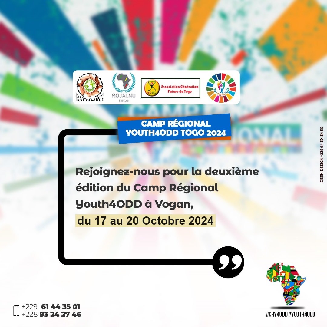 PARTICIPEZ AU CAMP RÉGIONAL YOUTH4ODD, VOGAN 🇹🇬 2024🏕️, dédié aux #SDGs, aux actions communautaires, formations et aux innovations de la Jeunesse pour un avenir meilleur 🌍✨
Inscrivez-vous maintenant: 
✍🏿kloo.me/CRY4ODD-Vogan-…
🤝kloo.me/PartenariatCRY…
#CRY4ODD #Youth4ODD #Togo