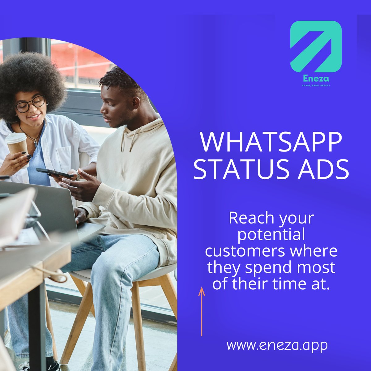 EnezaApp's tweet photo. Tired of traditional ad campaigns that just don't hit the mark? Check out Eneza's WhatsApp Status Ads - the game-changing way to reach your audience where they're most engaged! Tell us, how could this help boost your brand's visibility?
#WhatsApp #Eneza #WhatsAppads https://t.co/zzGxqG4lm8