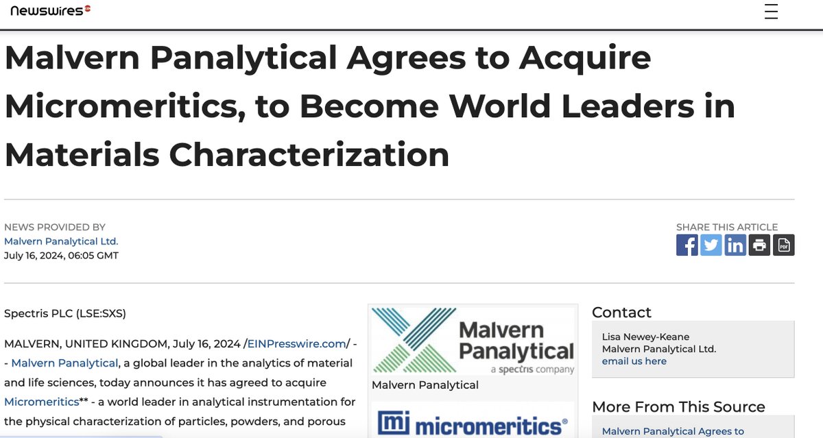Pleased to announce that Spectris has agreed to acquire Micromeritics Instrument Corporation (Micromeritics) for an upfront consideration of $630m (£485m). Micromeritics will be integrated into Malvern Panalytical; look forward to welcoming the Micromeritics team later this year.