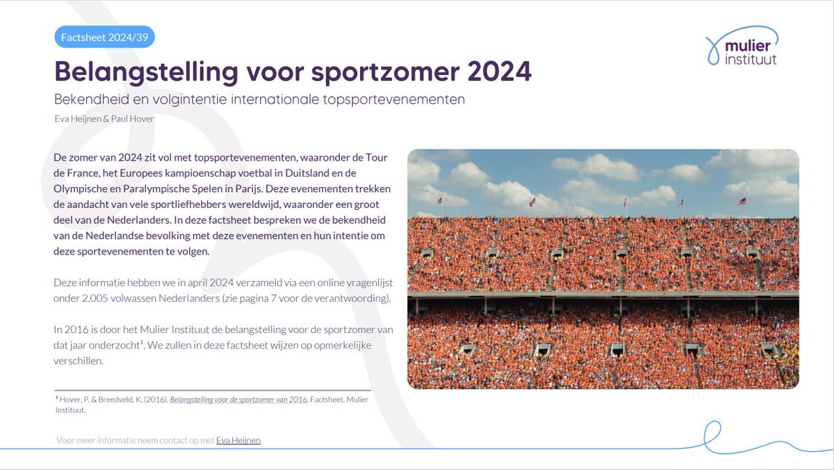 Een kwart van de volwassen Nederlanders is van plan om de Olympische en Paralympische Spelen, het Europees kampioenschap voetbal, Wimbledon, de Tour de France en de Tour de France Femmes via de media te volgen. Dit zijn 3,1 miljoen Nederlanders. 
👉mulierinstituut.nl/actueel/kwart-…