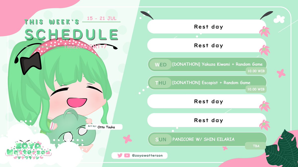 Zoyawatterson's tweet photo. 🐛 Schedule 🐛
Telat dikit ajah....
General : #Zoyawatterson
Announcement : #Pucukinpo
Live : #HamaLive
Clip : #ClipCUK
Art : #Zoyart https://t.co/FKMOaeGDIs