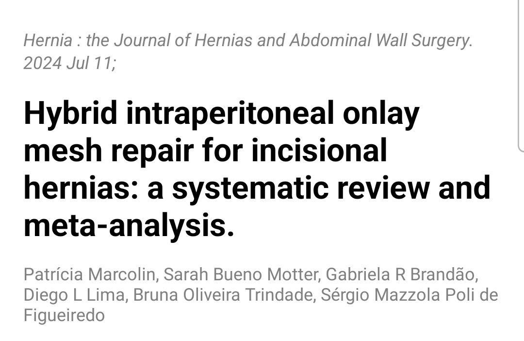 eurohernias's tweet photo. https://t.co/fS6VkX3JpN Hybrid intraperitoneal onlay mesh repair for #IncisionalHernia: a systematic review and meta-analysis.

#HerniaSurgery #IPOMplus https://t.co/mRF3xIveA9