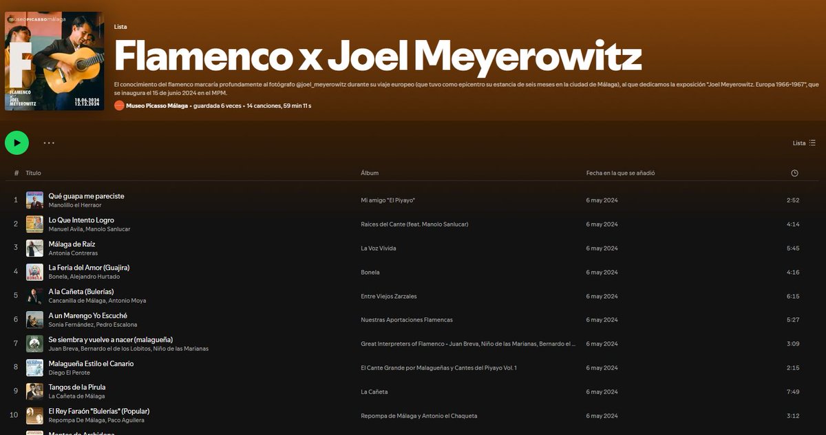 Museo Picasso Málaga (@mpicassom) on Twitter photo 💃El flamenco marcó a <a href="/joelmeyerowitz/">Joel Meyerowitz</a> en Málaga, como refleja la exposición #JoelMeyerowitzMPM.
🗣️En la playlist #FlamencoxJoelMeyerowitz hoy destacamos a Antonia <a href="/Contrerias/">Antonia Contreras</a>, que muestra la evolución del verdial. A la guitarra Juan Ramón Caro.
🎧open.spotify.com/intl-es/track/…
<a href="/Spotify/">Spotify</a> 💃El flamenco marcó a <a href="/joelmeyerowitz/">Joel Meyerowitz</a> en Málaga, como refleja la exposición #JoelMeyerowitzMPM.
🗣️En la playlist #FlamencoxJoelMeyerowitz hoy destacamos a Antonia <a href="/Contrerias/">Antonia Contreras</a>, que muestra la evolución del verdial. A la guitarra Juan Ramón Caro.
🎧open.spotify.com/intl-es/track/…
<a href="/Spotify/">Spotify</a>
