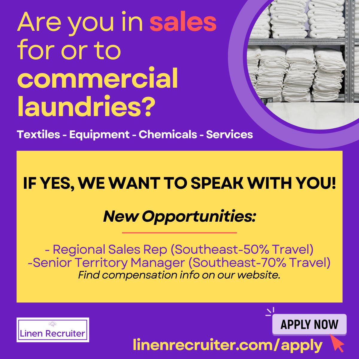 🆕 NEW Searches: Regional Sales in the SOUTHEAST 🆕
Territory: GA, NC, SC, VA

More Info/Apply: linenrecruiter.com/search-jobs/#!…

Are you working in sales within the commercial laundry industry?
If you work for a laundry, or sell textiles, equipment, chemicals, services, etc. to laundries
