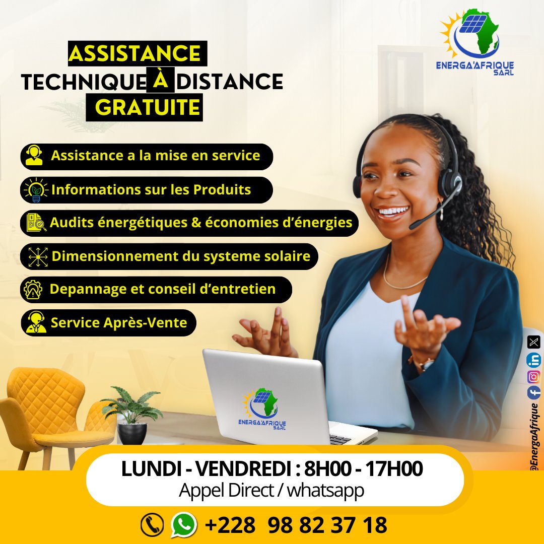 ⚡️ Découvrez notre #assistance technique #gratuite pour l'#énergiesolaire ! De l'#installation aux conseils d'entretien, nous sommes là pour vous accompagner. Contactez-nous dès maintenant ! 🌞💼 
#AssistanceTechnique #EnergaAfrique 
#EnergaAfriquesarl #AssistanceTechnique
