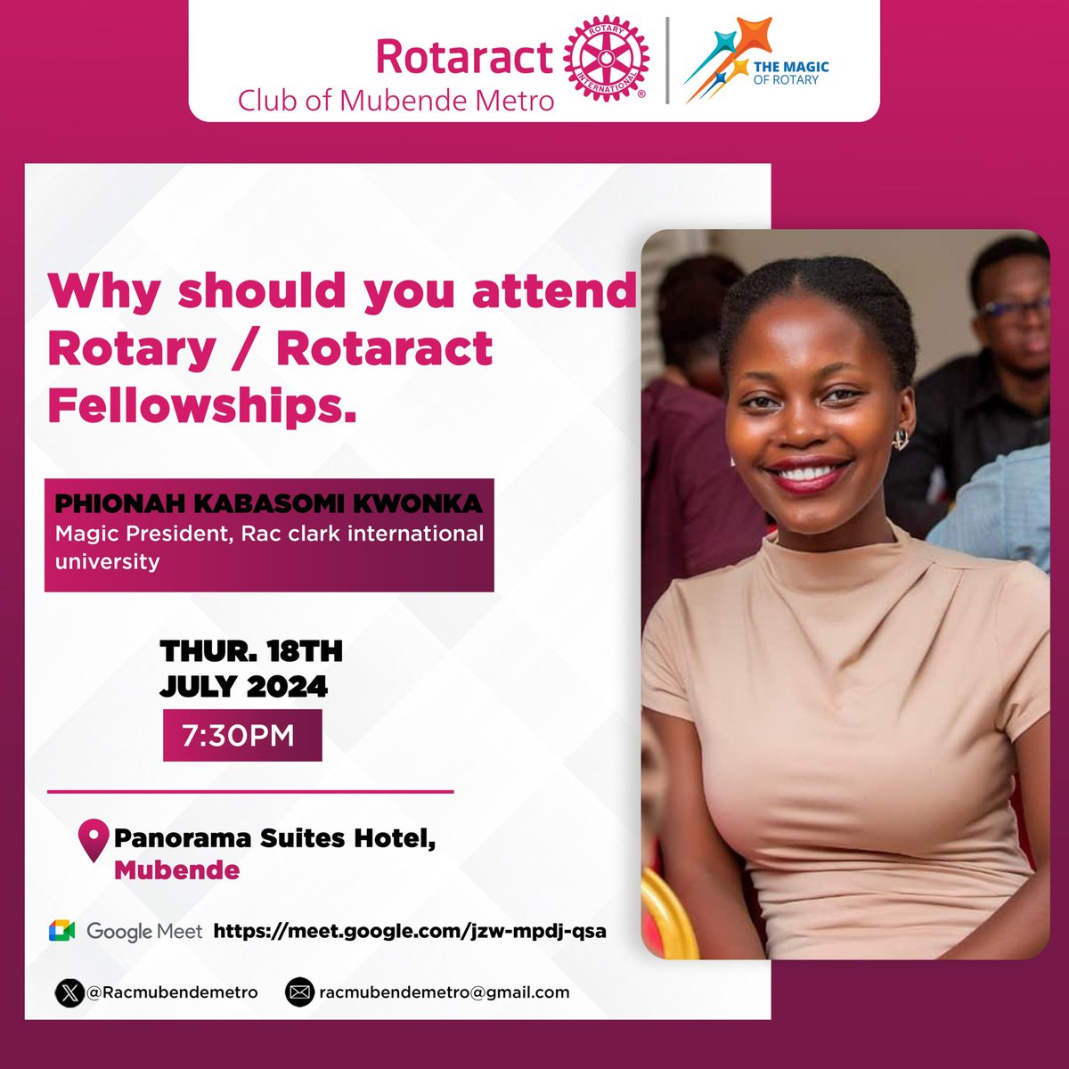 Join us this Thursday as magical president Clark international University will be teaching us on importance of attending rotary or rotaract fellowship!!!