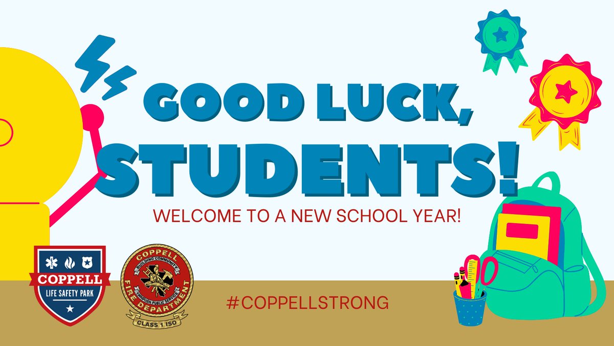 We wish all the students &amp; teachers returning to school tomorrow a great first day! 👍
Drivers, please be cautious around those active school zones &amp; be mindful of the increase in both pedestrian &amp; traffic activity. Thx for your help in keeping Coppell littles safe. @coppellisd