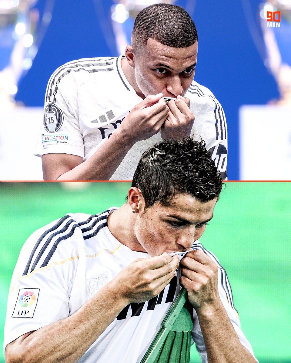90minFR's tweet photo. Dans les pas de son idole !! 🫶
Pourra-t-il faire aussi bien que CR7 ? 🧐
#HalaMadrd #RealMadrid #Mbappe #Ronaldo #LaLiga https://t.co/PmP6GgKRq7