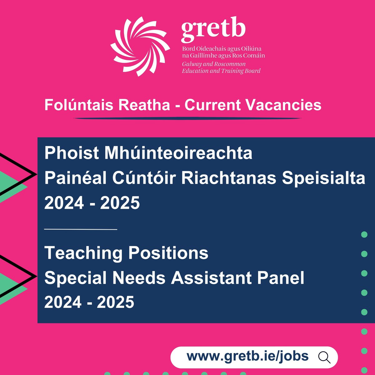 Now Hiring

📌Phoist Mhúinteoireachta - Teaching Positions 2024 - 2025
<a href="/Col_Naomh_Eoin/">Coláiste Naomh Eoin</a> <a href="/stkilliancol/">St Killian's College, New Inn</a> <a href="/clarincollege/">Clarin College</a>

📌Painéal Cúntóir Riachtanas Speisialta - Special Needs Assistant Panel 2024- 2025

Apply to: bit.ly/3S8xJrS

#GRETB #WeAreGRETB #Teaching #SNA