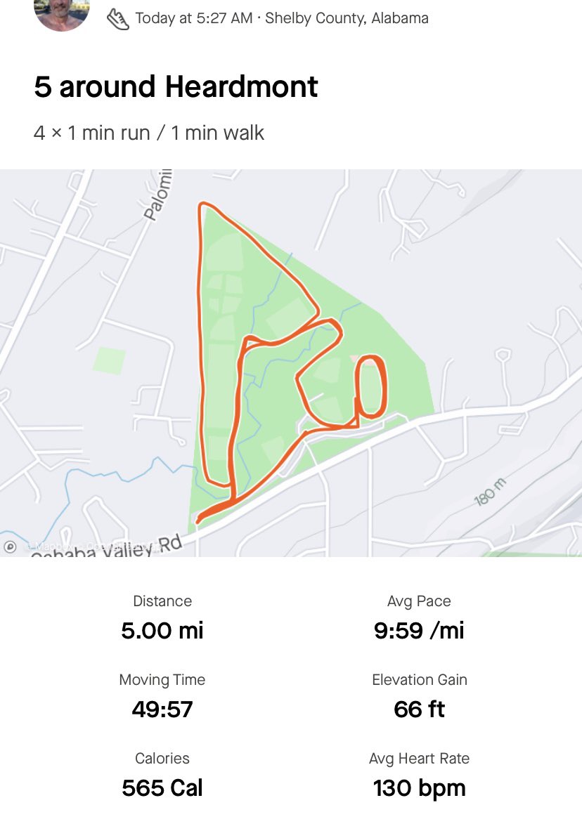 Bama26Point2's tweet image. 5:27am * 72° and humid * 5 miles in 49:57 around Heardmont Park / knee is a little sore but a good start to this Tuesday #runchat #runner #runcoach