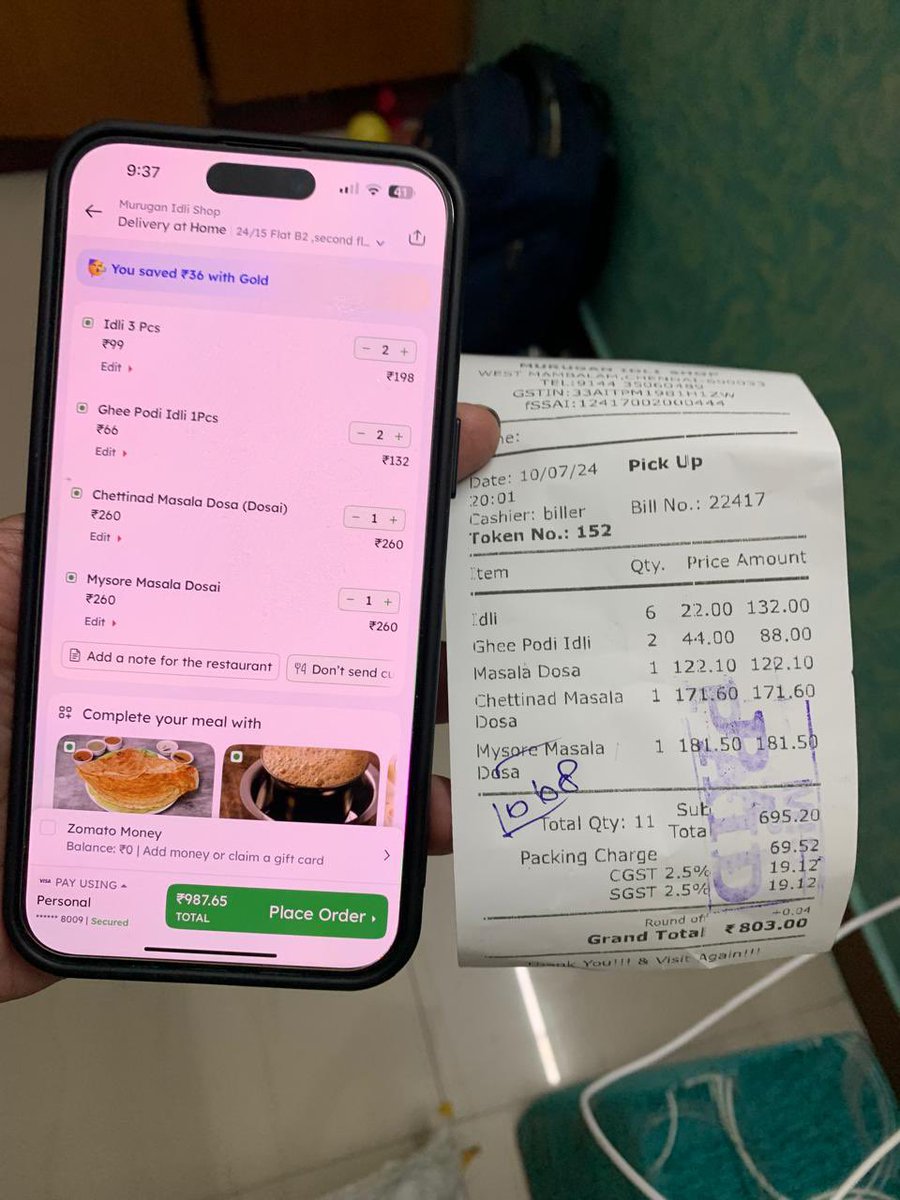 Kannan__TS's tweet image. My uncle ordered food from Murugan idly shop . See the Price difference between @zomato and actual .
