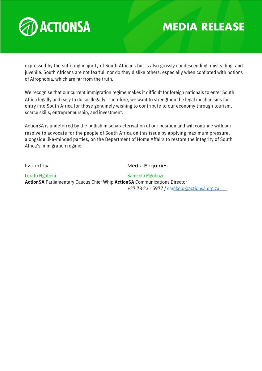 ActionSA_LP's tweet photo. Press Statement by @MikaNgobeni 
ActionSA Parliamentary Caucus Chief Whip

ActionSA Rejects Labelling of Opposition to the Impact of Illegal Immigration as Xenophobia 

DATE: 16 July 2024
RELActEASE: Immediate https://t.co/8V5wXvARbw
